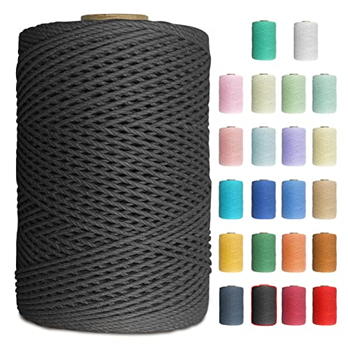 Uiopa Makramee Garn 1mm x 200m Baumwollgarn Baumwollkordel Macrame Cord 3 Stränge Farbig für Wandbehang, Weben, Häkeln, Textilgarn, Macrame Basteln (Schwarz) von Uiopa