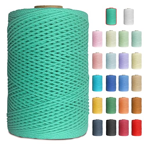 Uiopa Makramee Garn 1mm x 200m Baumwollgarn Baumwollkordel Macrame Cord 3 Stränge Farbig für Wandbehang, Weben, Häkeln, Textilgarn, Macrame Basteln (See Grün) von Uiopa