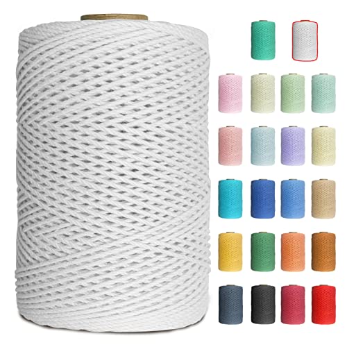 Uiopa Makramee Garn 1mm x 200m Baumwollgarn Baumwollkordel Macrame Cord 3 Stränge Farbig für Wandbehang, Weben, Häkeln, Textilgarn, Macrame Basteln (Weiß) von Uiopa