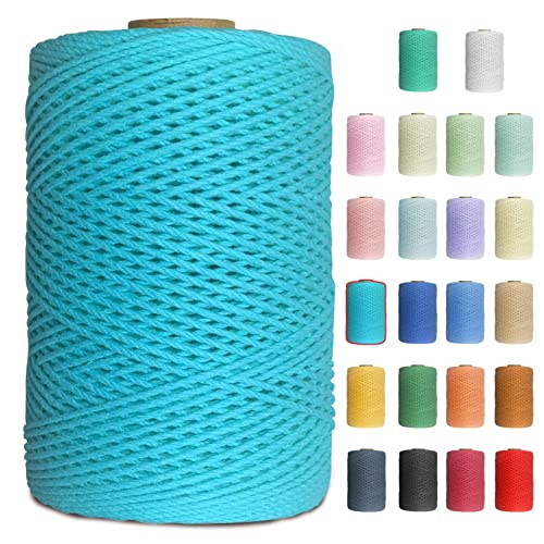 Uiopa Makramee Garn 1mm x 200m Baumwollgarn Baumwollkordel Macrame Cord 3 Stränge Farbig für Wandbehang, Weben, Häkeln, Textilgarn, Macrame Basteln (Blauer See) von Uiopa