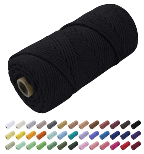 Uiopa Makramee Garn 4mm x 100m, Baumwollkordel Farbig Baumwollgarn Geflochten Baumwollseil, Natürliche Baumwollschnur für Wandbehang, Vorhang, Traumfänger, Hängepflanze, Deko (Schwarz) von Uiopa