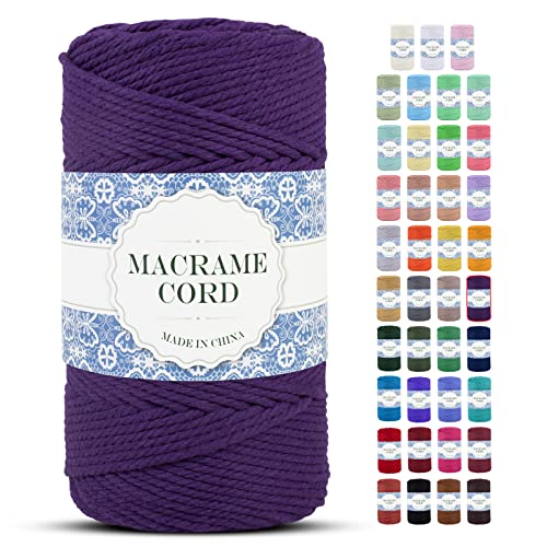 Uiopa Makramee Garn 4mm x 200m Natürliche Baumwollkordel Baumwollseil Baumwollgarn Baumwollschnur, Macrame Cord 4mm für DIY Basteln Stricken Wandbehang Pflanze Aufhänger Boho Deko (Dunkellila) von Uiopa