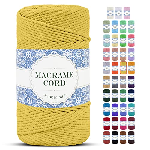 Uiopa Makramee Garn 4mm x 200m Natürliche Baumwollkordel Baumwollseil Baumwollgarn Baumwollschnur, Macrame Cord 4mm für DIY Basteln Stricken Wandbehang Pflanze Aufhänger Boho Deko (Gelb) von Uiopa