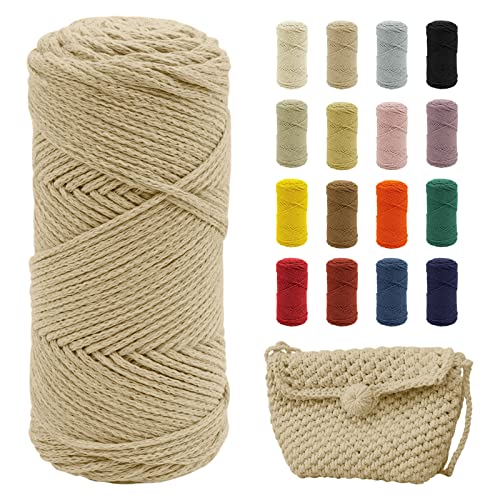 Uiopa Makramee Garn Beige, 2mm x 140m Baumwollgarn für Häkeltasche, Polyester Baumwollkordel für Gehäkelte Tasche, Häkelkorb, Weben Dekoration, DIY Handwerk von Uiopa