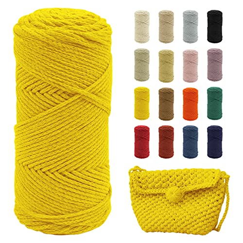 Uiopa Makramee Garn Gelb, 2mm x 140m Baumwollgarn für Häkeltasche, Polyester Baumwollkordel für Gehäkelte Tasche, Häkelkorb, Weben Dekoration, DIY Handwerk von Uiopa