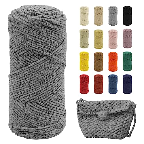 Uiopa Makramee Garn Grau, 2mm x 140m Baumwollgarn für Häkeltasche, Polyester Baumwollkordel für Gehäkelte Tasche, Häkelkorb, Weben Dekoration, DIY Handwerk von Uiopa