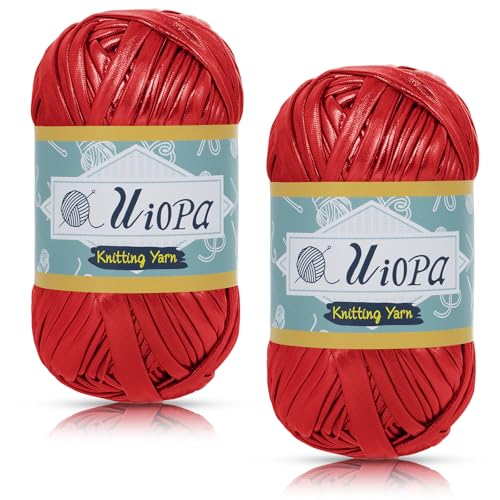 Uiopa Metallic T-Shirt Garn, 2 x 100g(2 x 45m) Bändchengarn Polyester Häkelgarn, Dickes Garn Crochet Yarn für Häkeltaschen, Körbe, Teppiche, Heimdekoration, DIY-Projekt (Rot) von Uiopa