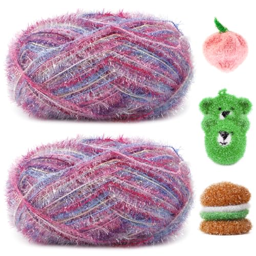 Uiopa Schwammgarn, 200g(2 x 100g, 2 x 200m) Glitzer Spülschwammgarn Häkel Bubble-Garn, Flauschige Schwammwolle Garn zum Häkeln Stricken Spültücher Badeschwämme Dekoration DIY Crafts von Uiopa