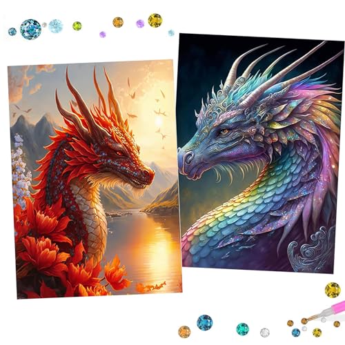 Uirheurd Diamond Painting Drache,Diamond Painting Bilder,5D, Diamond Painting Drachen Für Wohnzimmerdekoration, Geeignet Für die Wanddekoration zu Hause, mit Zubehör, 2 Stück (25 x 35 cm) von Uirheurd