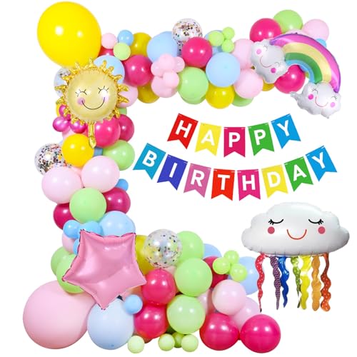 118 Stück Luftballons Kinder Smiley Regenbogen Sonne Weiße Wolken Deko, Happy Birthday Banner für Kinder Luftballon Geburtstag Deko (Smiley-Gesicht) von Uixxducc