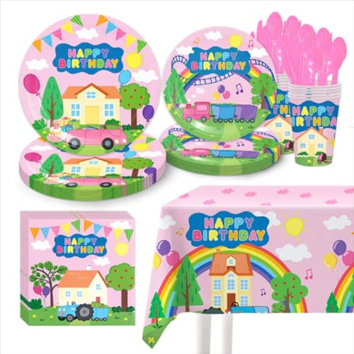 71pcs Pappgeschirr Set, Mit Pappteller Servietten Tischdecke Für 10 Gäste, Bunte Papier Teller, Geschirr Für Kindergeburtstag Partydeko Tischdeko Zubehör (B) von Uixxducc