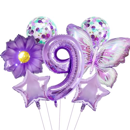 Schmetterling Geburtstag Deko Set, Bunt Geburtstagsdeko 0~9 Jahre Mädchen, Luftballon Schmetterling Folienballon Sternballon Blumenballon für Mädchen Geburtstags Party Supplies (9) von Uixxducc