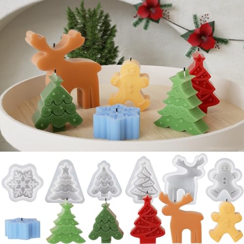 Silikonformen Gießformen Weihnachten Kerzenformen Zum Gießen, Seifenform Epoxidharz Formen Silikonform Schneeflocken Weihnachtsbaum Elch Schneemann Silikonformen Gießformen (6pcs) von Uixxducc