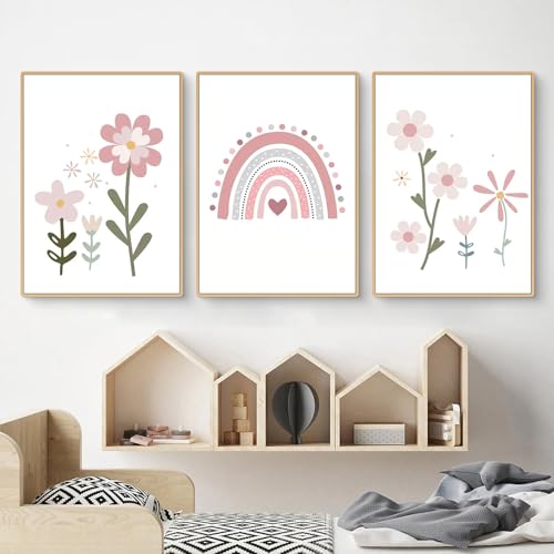 Uixxducc 3er Set Bilder Kinderzimmer Mädchen Poster Kinderzimmer Deko, Regenbogen, Blumen, Liebe und Schloss Wandbilder Babyzimmer Deko, OHNE Rahmen (A,21x30cm) von Uixxducc