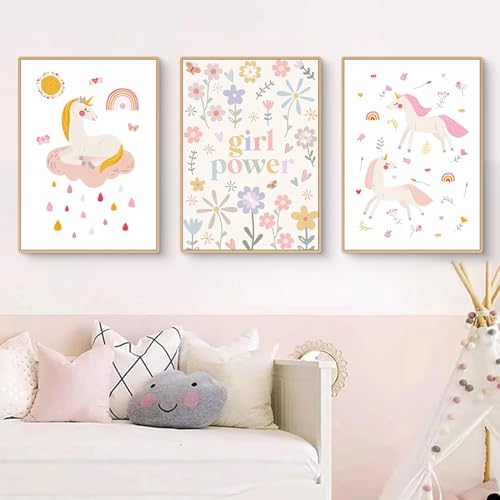 Uixxducc 3er Set Bilder Kinderzimmer Mädchen Poster Kinderzimmer Deko, Regenbogen, Blumen, Liebe und Schloss Wandbilder Babyzimmer Deko, OHNE Rahmen (B,21x30cm) von Uixxducc