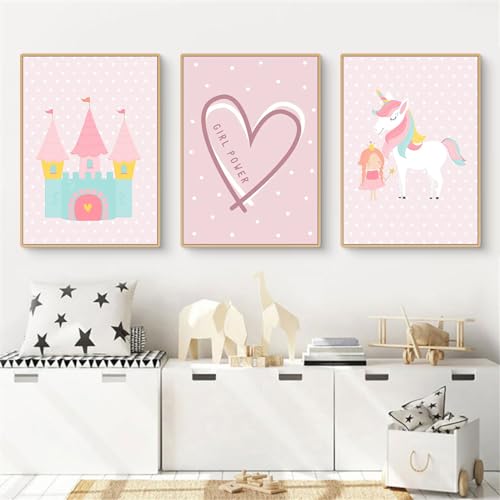 Uixxducc 3er Set Bilder Kinderzimmer Mädchen Poster Kinderzimmer Deko, Regenbogen, Blumen, Liebe und Schloss Wandbilder Babyzimmer Deko, OHNE Rahmen (C,21x30cm) von Uixxducc