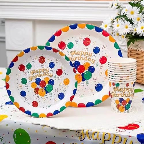 Uixxducc 61 Stück Pappgeschirr Set, Partygeschirr Mit Pappteller Servietten Tischdecke, Bunte Papier Teller Becher, Geschirr Für Kindergeburtstag Partydeko Tischdeko Zubehör (A) von Uixxducc