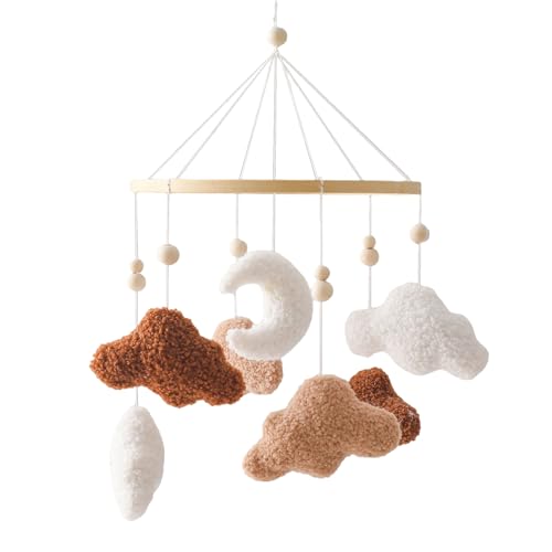 Uixxducc Mobile Baby Windspiele, Babybett Mobile Holz mit 3D Wolken Mond, Kinderzimmer Hängende Bettglocke, Neugeborenen Geschenk für Baby Jungen und Mädchen (Braun) von Uixxducc