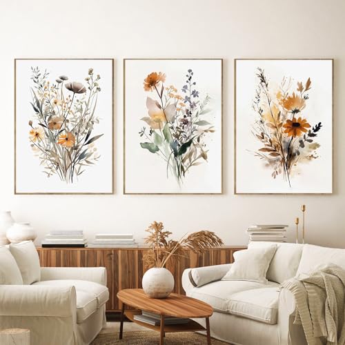 Uixxducc Premium 3er Poster Set, Aesthetic Gouache Blumen Bilder Wandbilder, Blumen Leinwandbilder, Ohne Rahmen, Wandposter Moderne Bilder Wohnzimmer Schlafzimmer (21x30cm) von Uixxducc