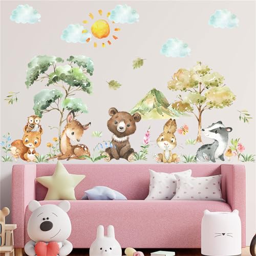 Wandtattoo Waldtiere, Wandaufkleber Kinderzimmer, Cartoon Safari Tiere Elephant Affen Giraffe Löwe Wandsticker, Wanddeko für Kinderzimmer Babyzimmer Schlafzimmer (Aquarell Bär-D) von Uixxducc