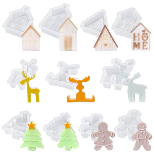 Weihnachten Aroma-Kerzenform Diy Kunstharz Weihnachten Kleines Haus Lebkuchenmann Elch Harz Tropfen Silikon Gießformen Für DIY Kerze Handwerk (11pcs) von Uixxducc