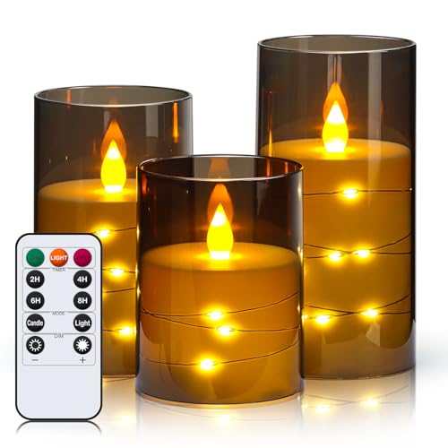 LED Kerzen Flackernde Flamme mit Fernbedienung und Timerfunktion, Grau Acryl Flammenlose Elektrische Kerzen mit eingebetteten Lichterketten, 3er Set von Ulanox