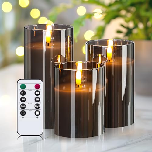 Ulanox LED Real Wax Candles with Timer Function, Remote Control and Glass Design, Grey Glass LED Candle, Set of 3 von Ulanox