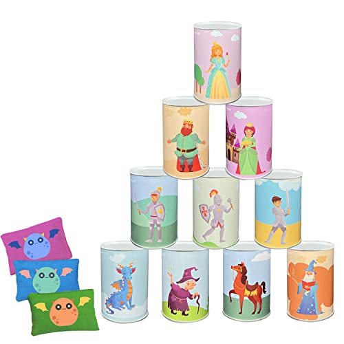 Ulifeme Kinder Dosenwerfen, Dosen Werfen Spiel für Kindergeburtsta & Parties, Dosenwurfspiel - 10pcs Prinzessin-Muster Dosen & 3pcs Wurfsäckchen Set für Gartenspiele, Geschenk für Kinder & Erwachsene von Ulifeme