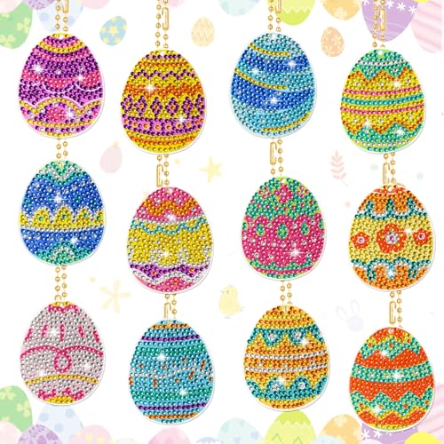 Ulikey 12 Stück Diamond Painting Set Ostern, Osterei Diamantmalerei Schlüsselanhänger, Ostern Diamant Aufkleber Kit Osterei, Ostern Kinder DIY Bastelgeschenke Geschenk für Jungen und Mädchen von Ulikey