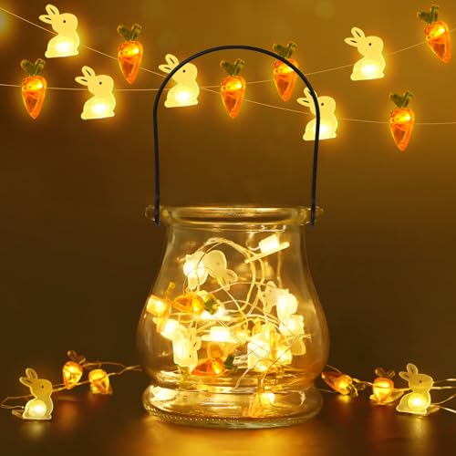 Ulikey 20er LED Lichterkette Ostern, Osterdekoration Hase Karotte Lichterkette mit Glasflasche, Warmweiß Micro Osterdeko Lichterkette, Innen Batteriebetrieb für Tischdeko Ostern, Balkon, Garten von Ulikey