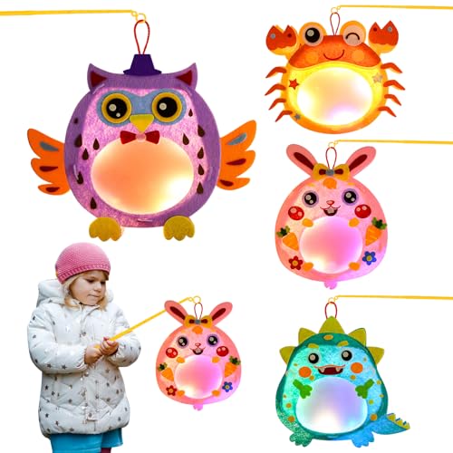 Ulikey 4 Stück Laternen Bastelset für Kinder, Laterne St Martin mit Laternenstab & Led Licht, Lampions Tier Laterne Basteln Set Kreativset für Junge Mädchen (Eule, Kaninchen, Krabbe, Dinosaurier) von Ulikey