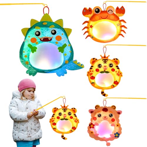 Ulikey 4 Stück Laternen Bastelset für Kinder, Laterne St Martin mit Laternenstab & Led Licht, Lampions Tier Laterne Basteln Set Kreativset für Junge Mädchen (Krabbe, Dinosaurier, Tiger, Lamm) von Ulikey