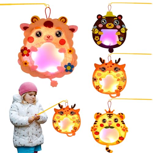 Ulikey 4 Stück Laternen Bastelset für Kinder, Laterne St Martin mit Laternenstab & Led Licht, Lampions Tier Laterne Basteln Set Kreativset für Junge Mädchen (Tiger, Lamm, Hirsch, Bär) von Ulikey