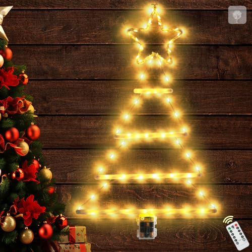 Ulikey 67cm LED Weihnachtsbaum Leiter Lichterkette, Weihnachtsbeleuchtung Außen Batterie mit Fernbedienung, Wasserdicht Weihnachtsleiter Weihnachtsdeko Lichter für Innen Außen Fenster, 8 Modi (Warm) von Ulikey