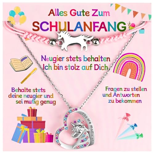 Ulikey Einschulung Geschenk Mädchen, Herz Einhorn Halskette und Silber Einhorn Armband, Geschenke zum Schulanfang Kette Verstellbar, Einschulungsgeschenk mit Grußkarte und Geschenkverpackung von Ulikey