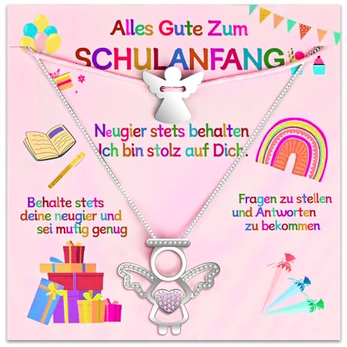 Ulikey Einschulung Geschenk Mädchen Schutzengel Halskette, Schutzengel Kette und Engel Armbändchen, Geschenke zum Schulanfang Kette Verstellbar, Einschulungsgeschenk mit Grußkarte Geschenkbox von Ulikey