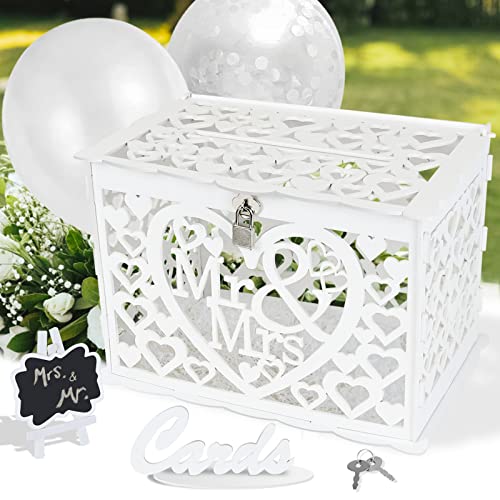 Ulikey Hochzeit Geschenkkartenbox, Hochzeitskartenbox Holz mit Schloss, Hochzeitskartenkiste Geldbox mit Bast und Luftballons, Weiß Vintage Kartenbox für Hochzeit Verlobungsfeier Brautdusche (Stil 1) von Ulikey