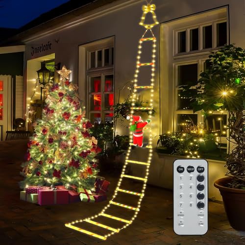 Ulikey LED Weihnachtsmann Leiter Lichterkette, 8 Modi LED Weihnachtsbeleuchtung mit Fernbedienungen, Santa Kletterleiter LED Weihnachtsschmuck für Außen Und Indoor Hängend Deko (Warmweiß, 3M) von Ulikey