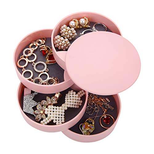 Ulikey Runde Form Schmuckkästchen, Tower Kosmetik Organizer, 4 Ebenen Drehbar Schmuckschatull, Schmuckaufbewahrung für Ringe Ohrringe Halskette,Geburtstag Mädchen Frauen Geschenk (Pink) von Ulikey