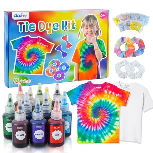 Ulikey Tie Dye Kit, Batikfarben Set mit 60ml Große Batikflaschen mit 12 Farben Batikpulver, Batik Set mit Haarbänder und T-Shirts, Batikfarben DIY-Projekt mit Handschuhen für 4+ (Small) von Ulikey