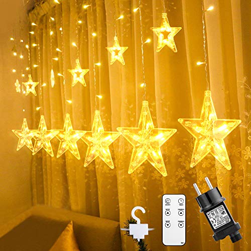 Ulinek LED Sterne Weihnachtsbeleuchtung 108 LED 2,2M Lichtervorhang warmweiß mit Fernbedienung Timer 8 Modi Lichterkette LED Stern Fenster Weihnachtsdeko Innen Außen für Balkon Party von Ulinek