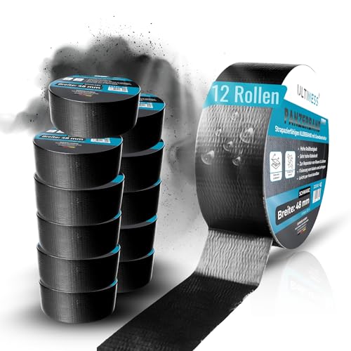 Ultiness® Panzerband schwarz - 48mm x 32m Gewebeband - Klebeband extra stark - wasserdichtes Reparaturband - universelles Gewebeklebeband - Duct Tape leicht abreißbar - Allzweck-Klebeband (12) von Ultiness