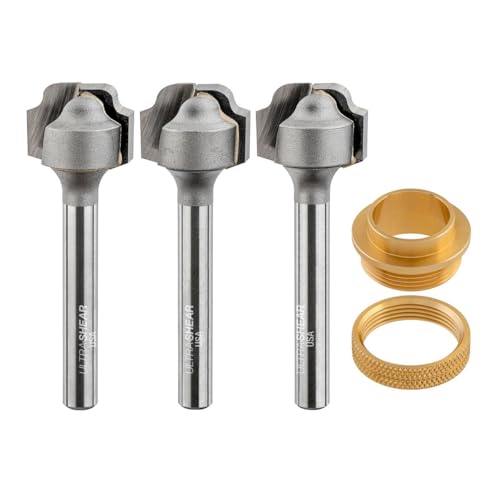 Ultra-Shear Juice Groove Router Bits, 4-teiliges Set mit Schablonenführungsbuchse, Hartmetallbestückt, USA hergestellt, 2 Nuten, CNC Bits für Schneidebrettrillen von Ultra-Shear