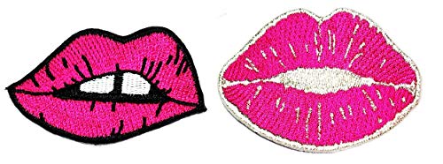 Umama Aufnäher Set von 2 Lippen Lippenstift Applikation Patch Lippen Pink Lady Kiss Hot Sexy bestickt Bügelbilder Basteln Dekorative Logo Stoff Jeans Jacken Schuhe Caps Taschen von Umama