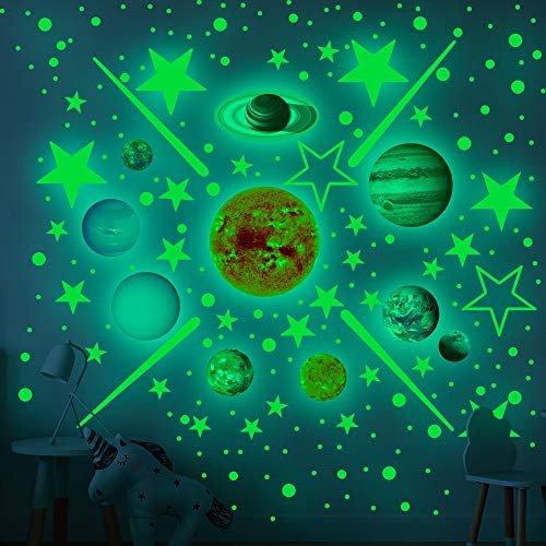 Fluoreszierende Wandaufkleber 460 Stk. Sterne & Planeten Helle Sonnensystem Wandaufkleber für Kinder Schlafzimmer Pädagogisches Sonnensystem Poster Wanddekoration Geschenke für Jungen und Mädchen von Umelee