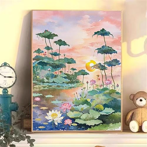 Blick auf den Lotus bei Sonnenuntergang Malen Nach Zahlen Erwachsene,Paint by Numbers Adult,DIY Framed DIY mit Pinseln und Acrylfarben Handgemalt Ölgemälde Leinwand für Home Wand Dekor 30x40cm von Umfarvt