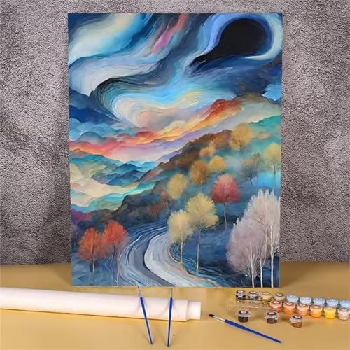 Umfarvt Abstrakte bunte Landschaft Malen Nach Zahlen Erwachsene,Paint by Numbers Adult,DIY Framed DIY mit Pinseln und Acrylfarben Handgemalt Ölgemälde Leinwand für Home Wand Dekor 60x75cm von Umfarvt