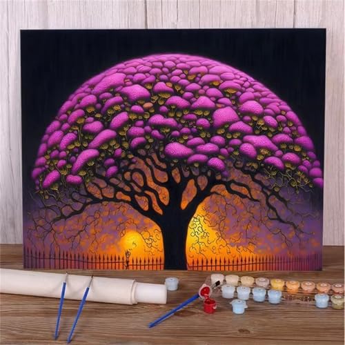 Umfarvt Abstrakter lila Baum Malen Nach Zahlen Erwachsene,Paint by Numbers Adult,DIY Framed DIY mit Pinseln und Acrylfarben Handgemalt Ölgemälde Leinwand für Home Wand Dekor 55x70cm von Umfarvt