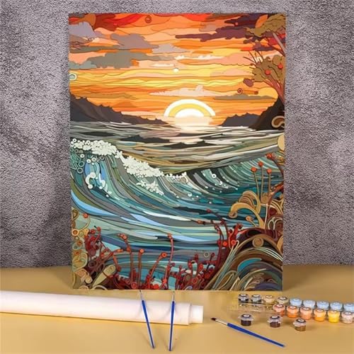 Umfarvt Abstraktes Sonnenuntergangsmeer Malen Nach Zahlen Erwachsene,Paint by Numbers Adult,DIY Framed DIY mit Pinseln und Acrylfarben Handgemalt Ölgemälde Leinwand für Home Wand Dekor 60x75cm von Umfarvt