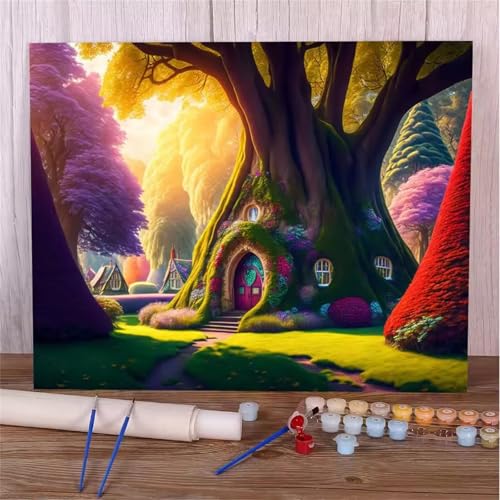 Umfarvt Baum Malen Nach Zahlen Erwachsene,Haus Malen Nach Zahlen,Without Framed inklusive Pinsel und Acrylfarben DIY handgemaltes Ölgemälde Set für Anfänger für Home Decor 55x70cm von Umfarvt